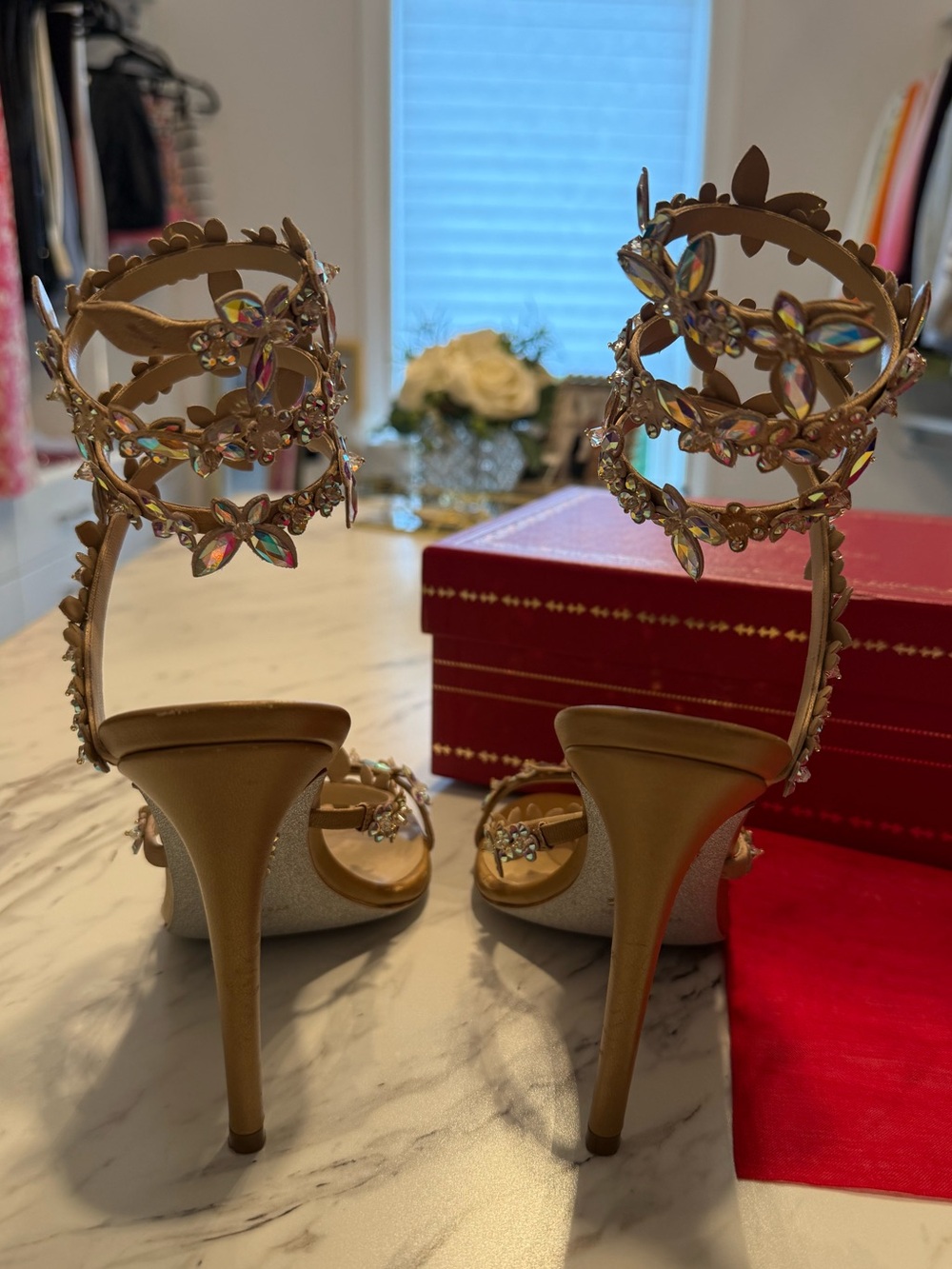 Rene Caovilla Eden Nude Sandal 105 Crystal Embellished Ankle Wrap - Picture 9 of 16